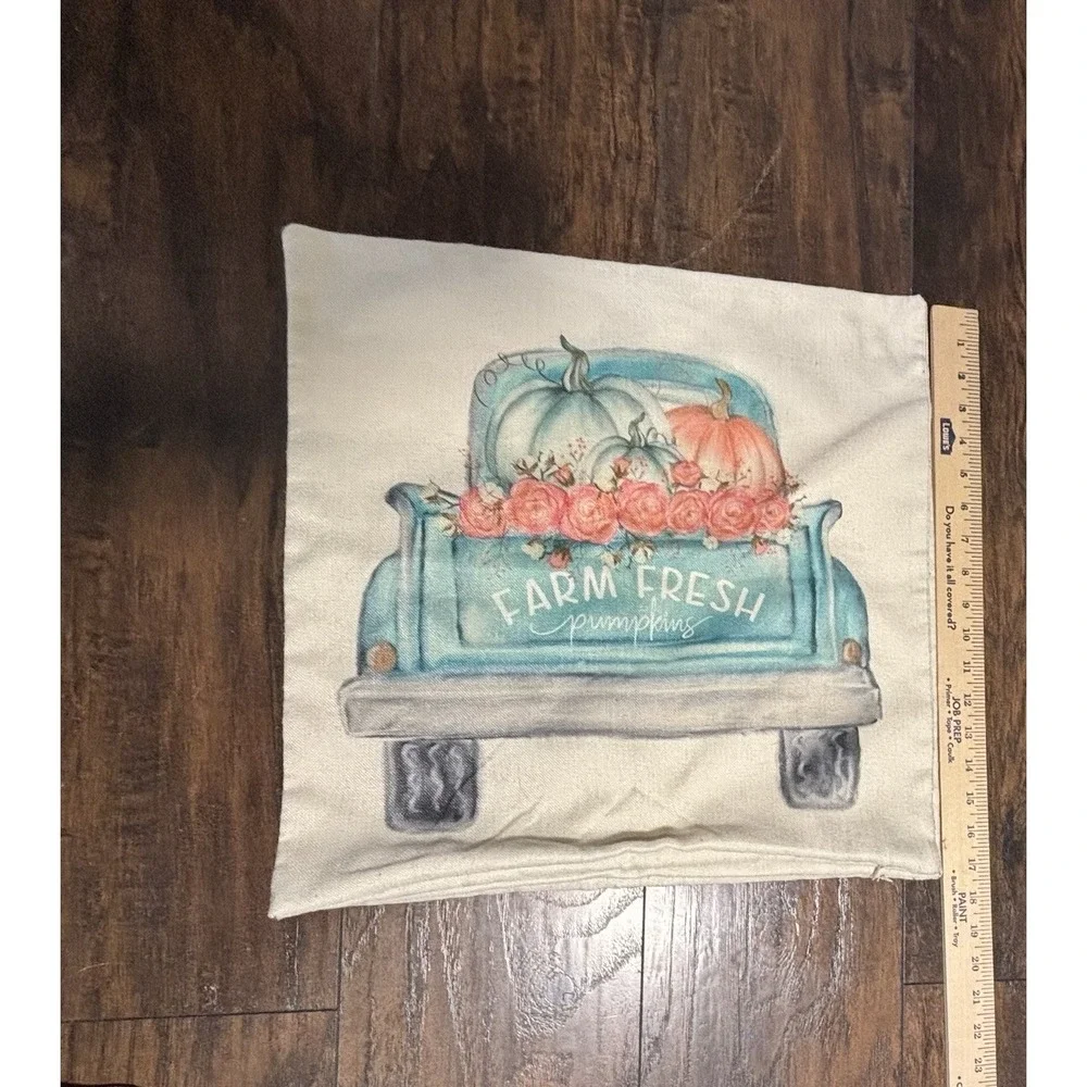 Autumn Fall Teal /Aqua Farm Fresh Pumpkins Truck & Pumpkin 17x17  Pillow Covers